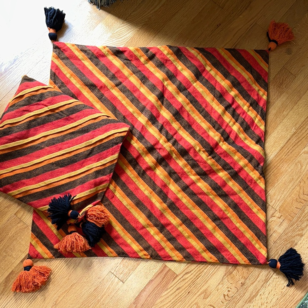 Vintage MCM 70s woven fabric, pleated, striped cushion covers w tassels